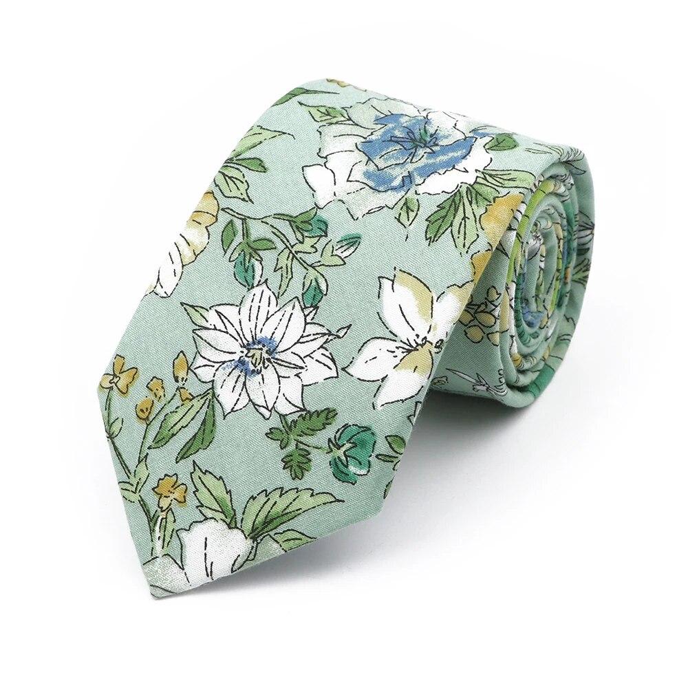 Floral Tie, For Men Women, 100% Cotton, Elegant Flower Necktie, White, Blue, Narrow Skinny, Wedding, Party
