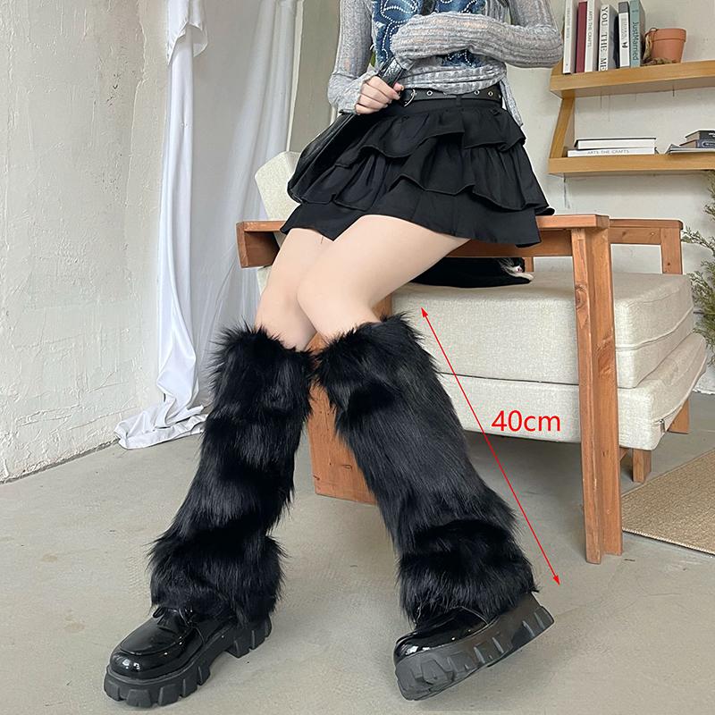 White Faux Fur Leg Warmers Boot Covers Y2K Goth Solid Leg Socks Punk Knee-Length Fashion Warm Sock