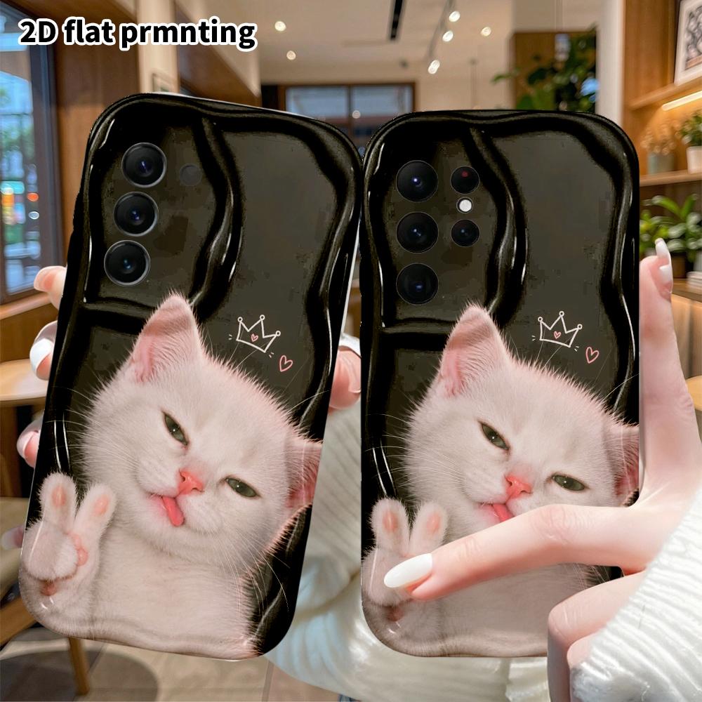 Phone Case: 2D Flat Samsung Galaxy A34 A35 S20 S22 S21 FE Plus Ultra Protective Case, Tongue-Sticking Little White Cat, Christmas and Halloween Gift