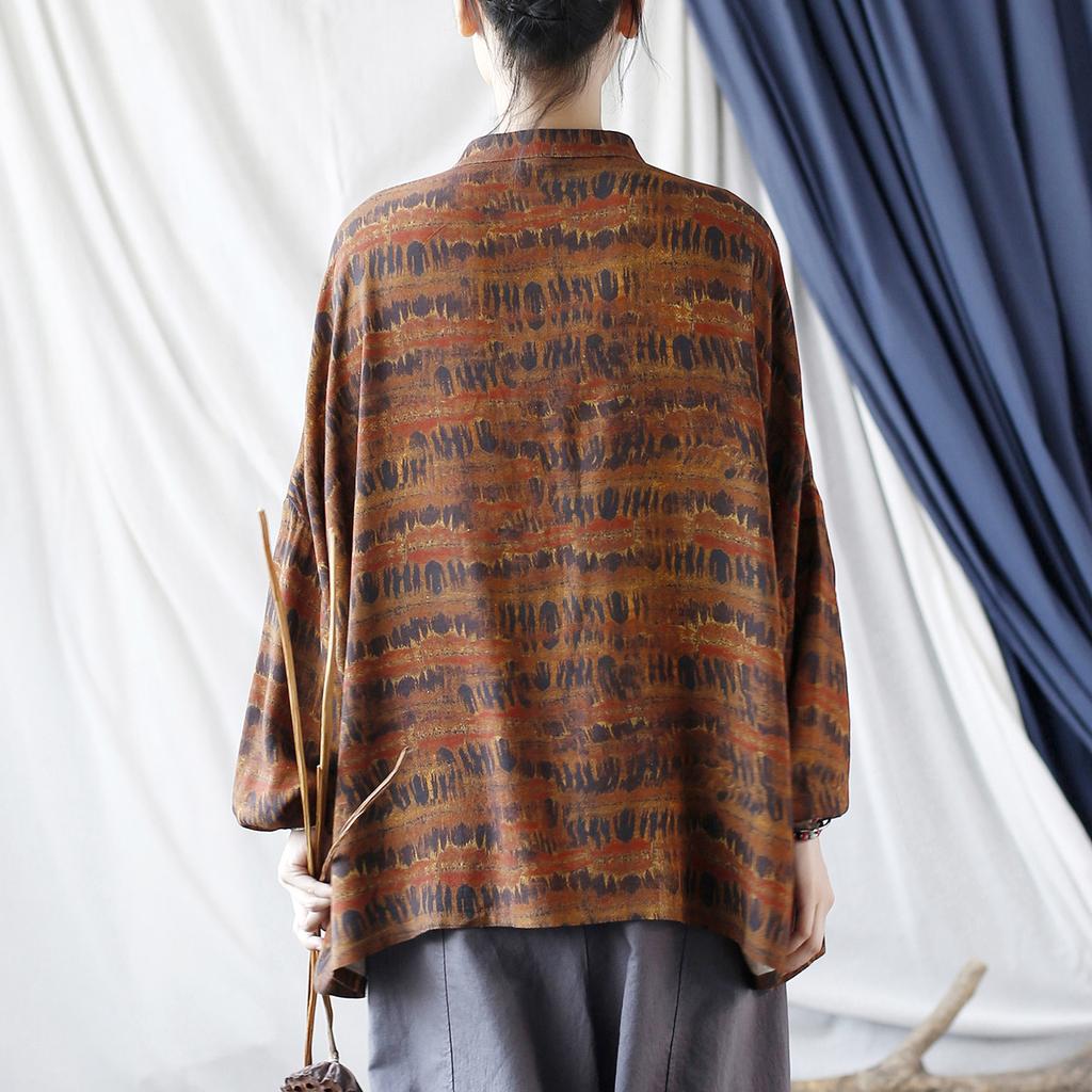 Johnature Women Vintage Print Floral Shirts Autumn Cotton Linen Tops Stand Long Sleeve Blouses Loose Button Shirts