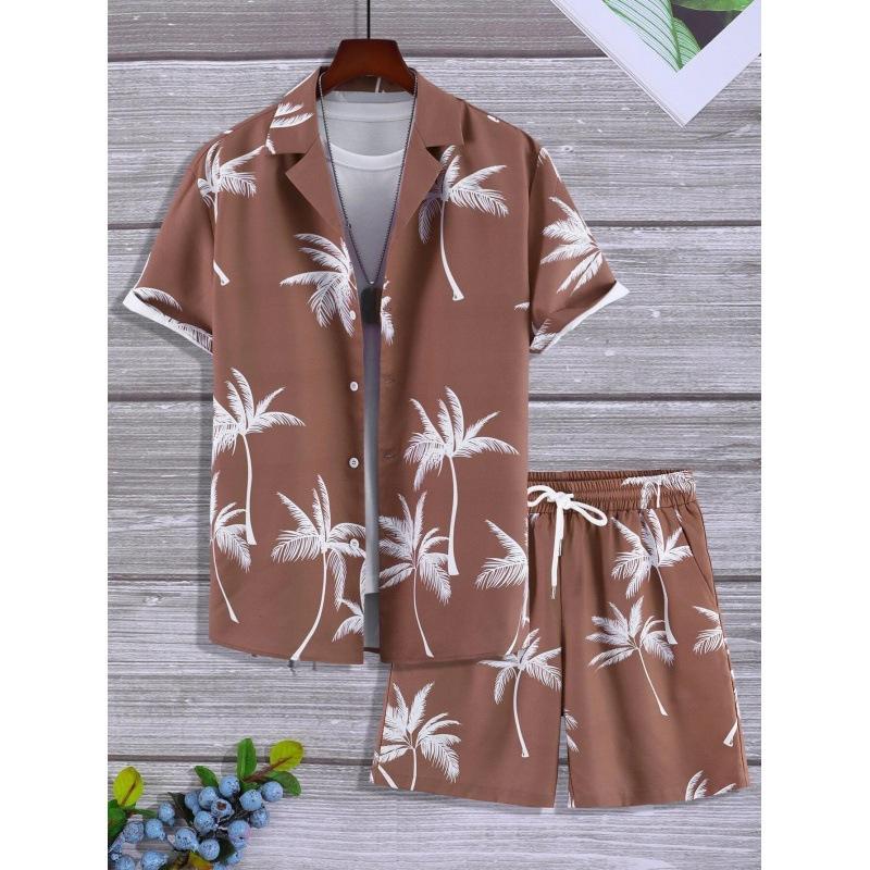 Летние мягкие дышащие мужские комплекты рубашек с 3D принтом, пляжные повседневные рубашки с короткими рукавами и шорты, уличная одежда, гавайские костюмы в клетку с лацканами в клетку с кокосовой пальмой