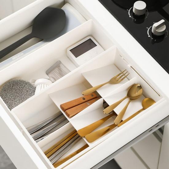 Расширяемый органайзер для ящика, регулируемый лоток для кухонной утвари и столовых приборов со съемными разделителями, многоцелевой ящик для хранения для дома, ванной комнаты