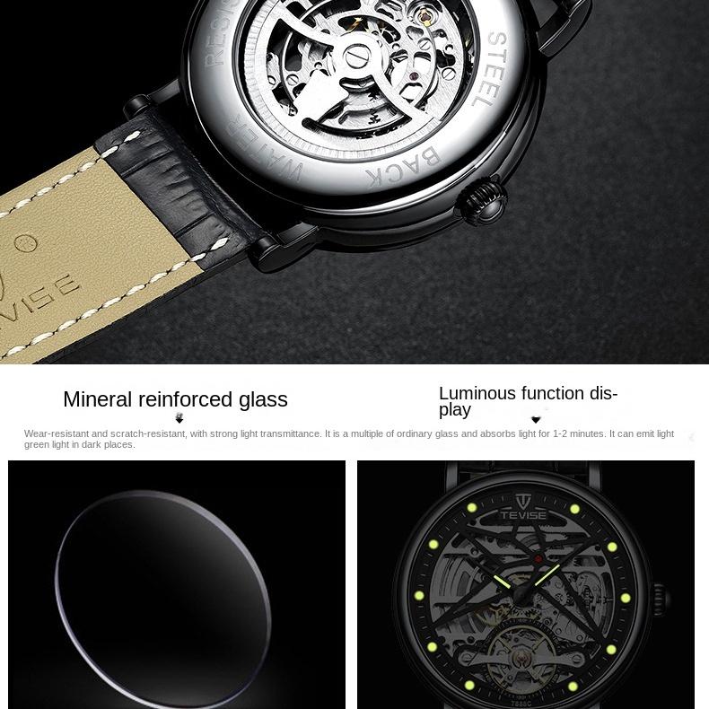 TEVISE Casual Fashion Watch for Men Leather Strap Watch Diamond-encrusted Hollow Automatic Mechanical Watch for Men