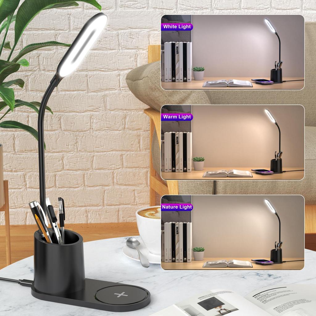 3-in-1 Pen Holder Desk Lamp with 15W Wireless Fast Charging, QC2.0 Protocol, TYPE-C Power, 360° Flexible Pole & 3-Color Stepless Dimming