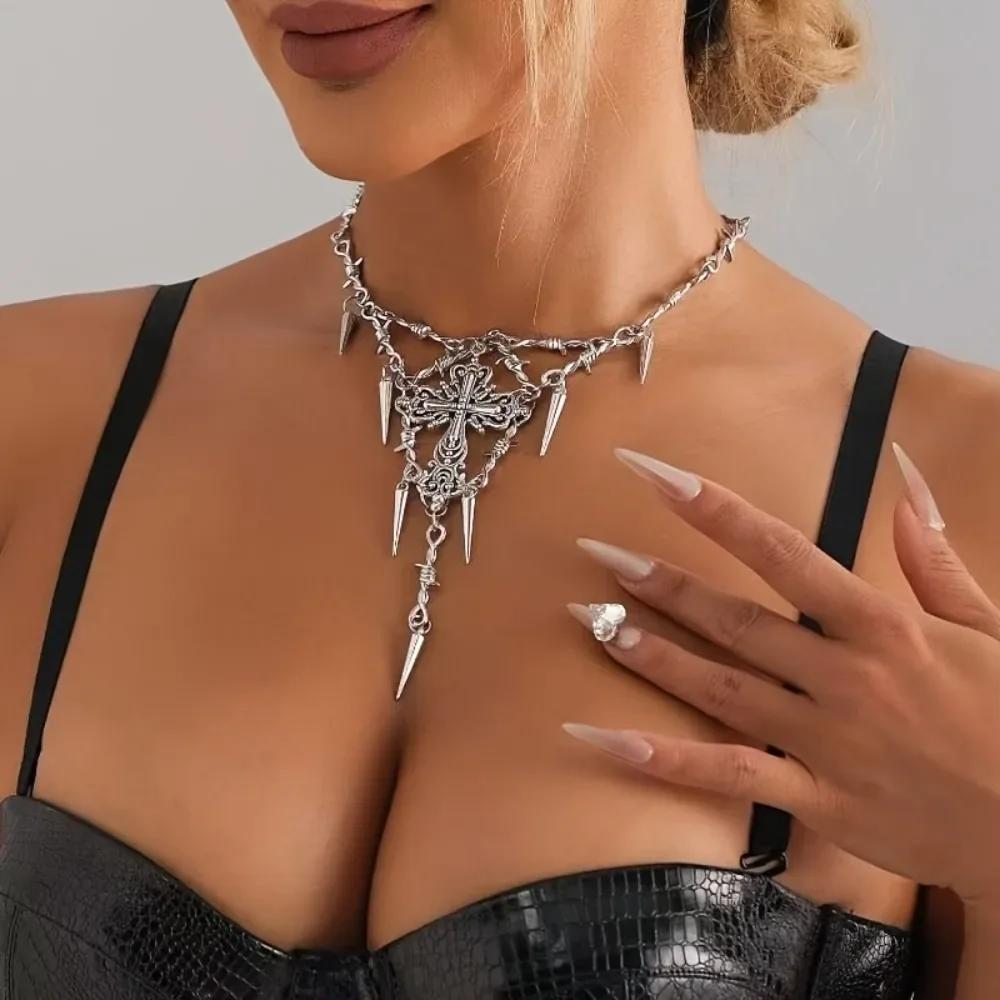 Choker Punk Spike Necklace with Cross Pendant Vintage for Men & Women Gothic Zircon