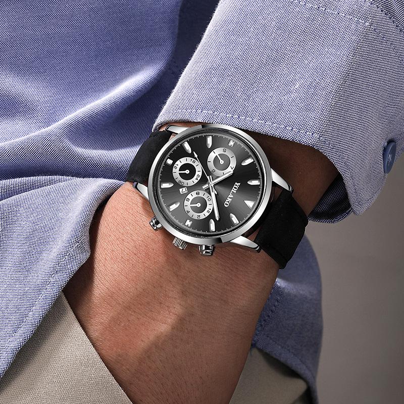 Fake Three-Eye Belt Men'S Watch Business Fashion Quartz Watch Calendar Luminous