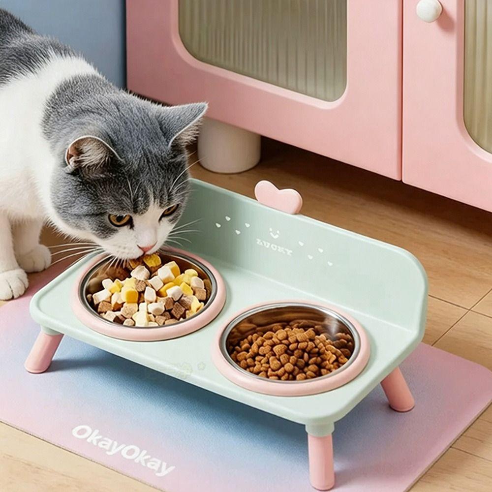 Anti-slip Pet High-foot Bowl Love-heart Double Bowl Cat Feeder Bowl  for Puppy and Cat
