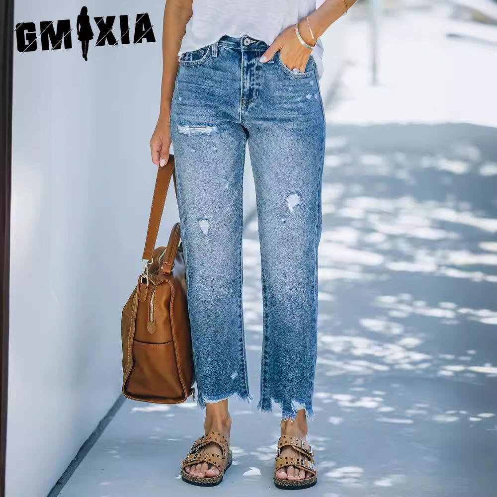 GMXIA Рваные светло-голубые повседневные джинсы Nine Minute Straight Wash для женщин