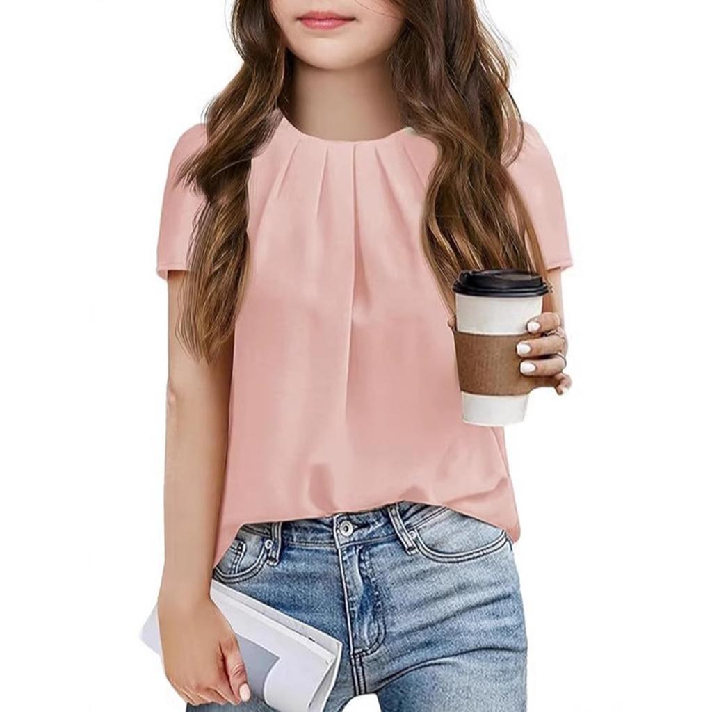Children's Short-sleeved Solid Color T-shirt For Girls With Puffed Sleeve Chiffon Top