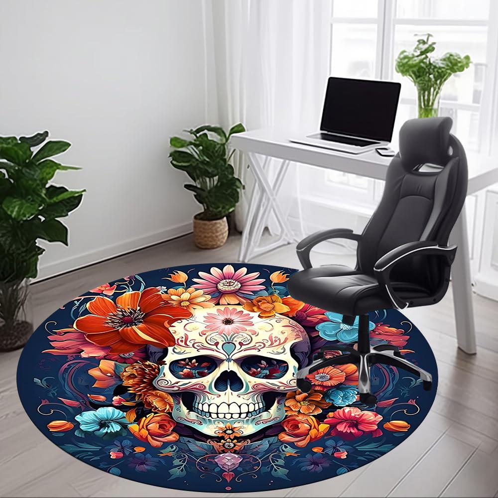 1pc Sugar Skull Flowers Office Round Area Rug, Under Office Chairs Bedroom Living Room Home Decor, Room Deco, Available in Various Sizes