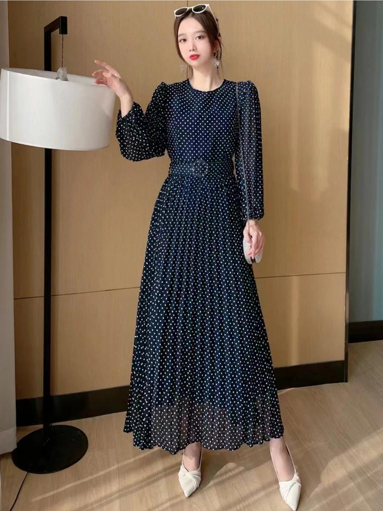 Новое женское длинное платье с длинным рукавом и поясом, элегантное шифоновое платье в винтажном стиле с плиссировкой и большим подолом высокого качества