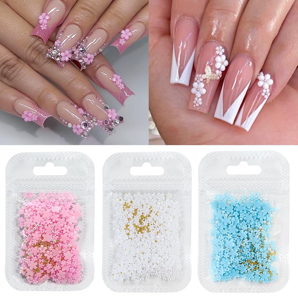 3D White Acrylic Flower Nail Art Decorations Mix Gold/Peal Beads 5G/Bag Resin Blossom Flower Nail Charms 4/6Mm Nail Accessories