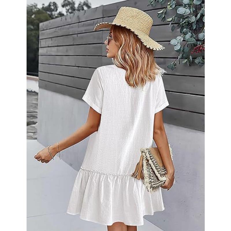 Women's Summer Cotton Linen Dress, Loose Button Down V Neck Short Sleeve Ruffle Hem Casual Dress with Pockets