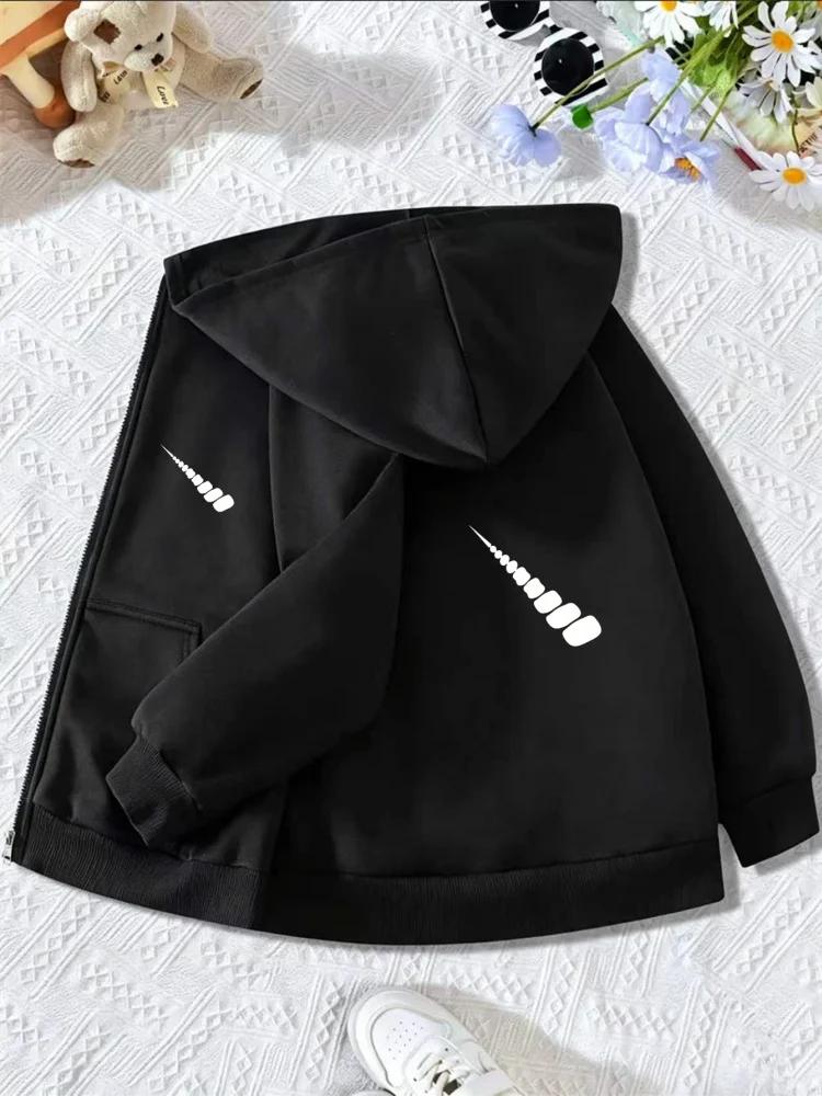 Children Full Zip Hooded Sweatshirt Simple Black And White Meteor Line Pattern Loose Daily Kids Outerwear With Front Pocket