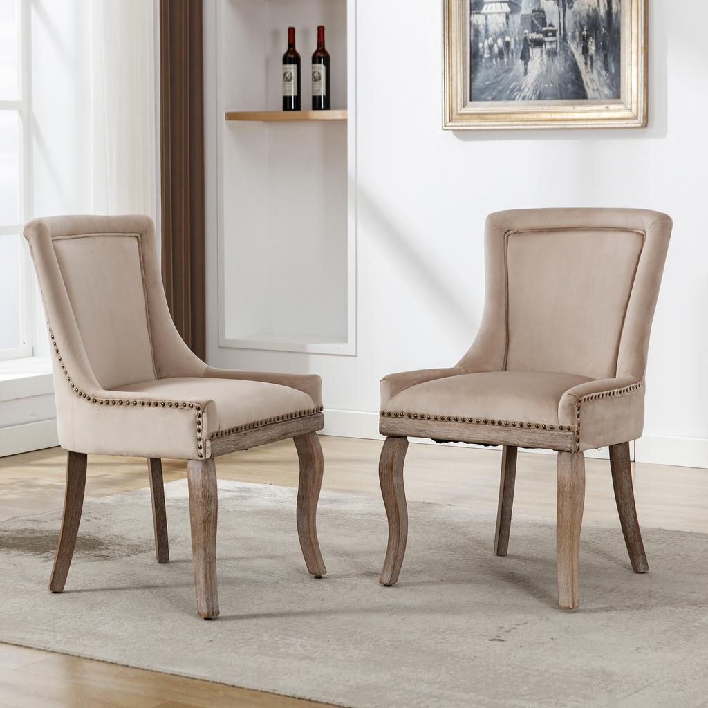 Luxurious Dining Chair (Kitchen Chair Living Room Chair, 2 pcs), Upholstered Chair with Nailhead Trim, Legs Made of Solid Wood, Velvet Cover, Beige