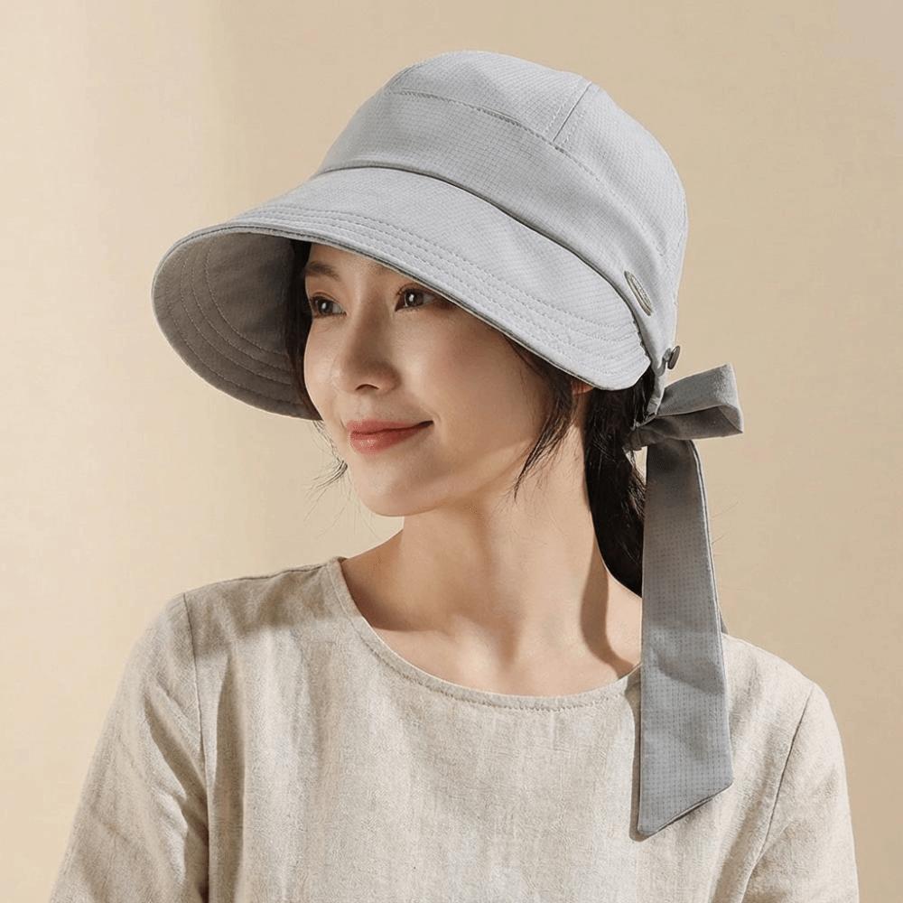 Solid Color Wide Brim Bucket Hat Ribbon Peaked Cap Foldable Women Sun Hat Outdoor