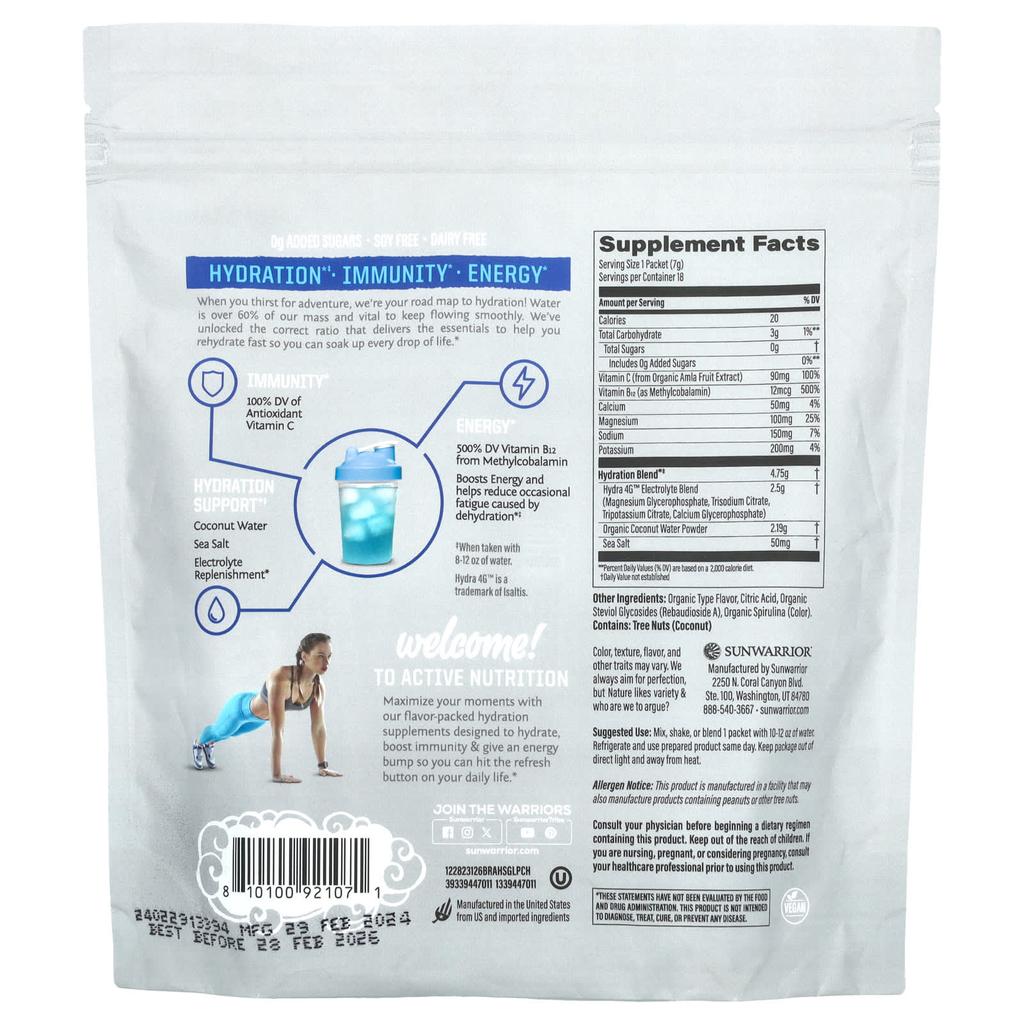 Sunwarrior Sport, Active Hydration, Blue Raspberry, 18 Packs, 0.24 Oz (7 G) Each