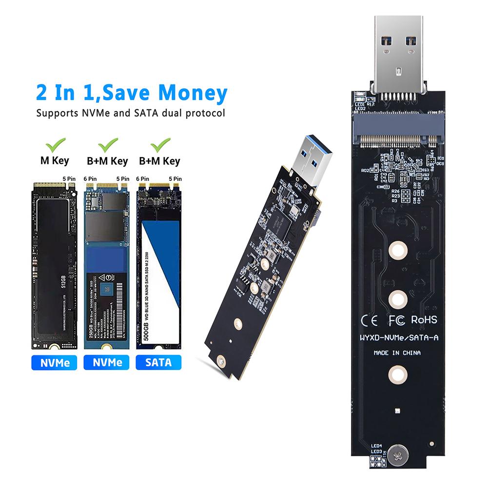 Адаптер NVME на USB 10 Гбит/с M.2 NVME USB 3.1 Адаптер Макс. 2 ТБ Двойной протокол NVMe SATA M2 SSD Плата для M.2 2230 2242 2260 2280 SSD