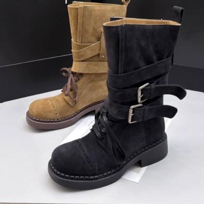 Модные женские ботинки из искусственной замши высокого качества, в стиле ретро, с двойной широкой пряжкой-ремнем, шнуровкой, лоскутным дизайном, на платформе, модные ботильоны