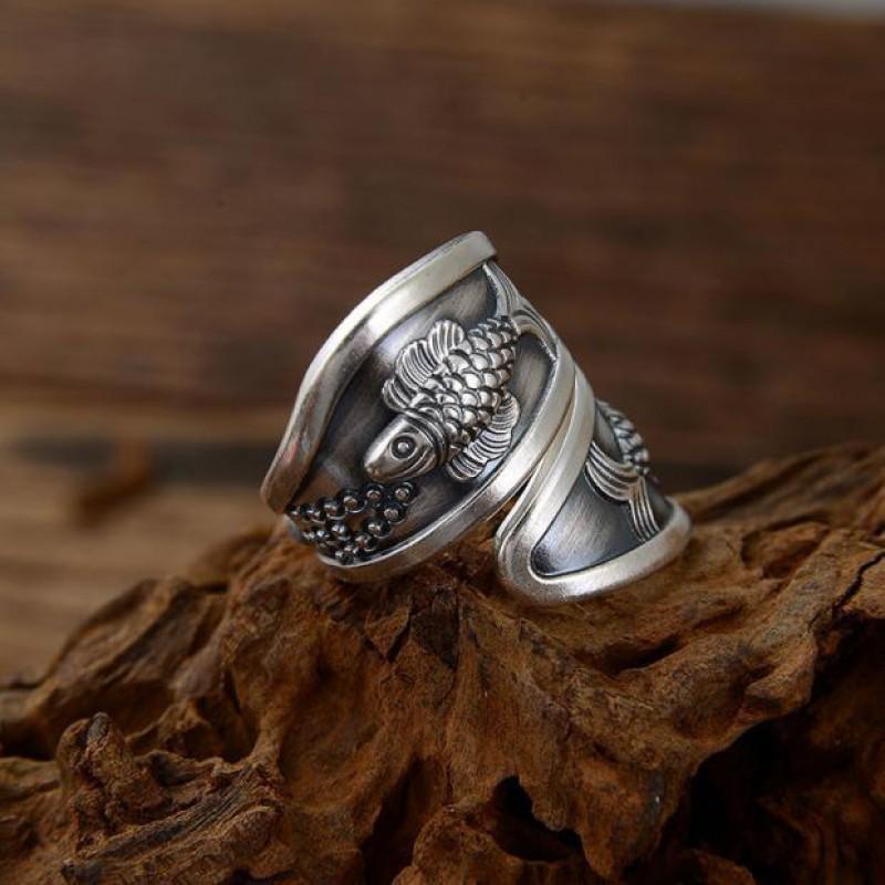 Adjustable Wide Band Ring Men Women Sterling Geometric Fish Motif Vintage Style Unisex Finger