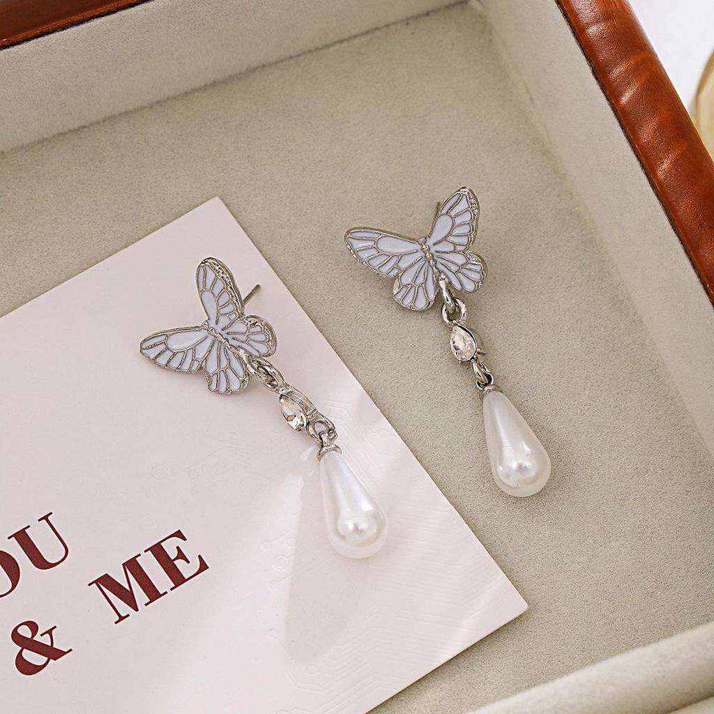 Французские ретро серьги-бабочки «Серебряная игла» с эмалевой инкрустацией и жемчужной подвеской