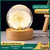 Dandelion Crystal Ball Night Light with 3D Carved Preserved Flower and Solid Wood Base