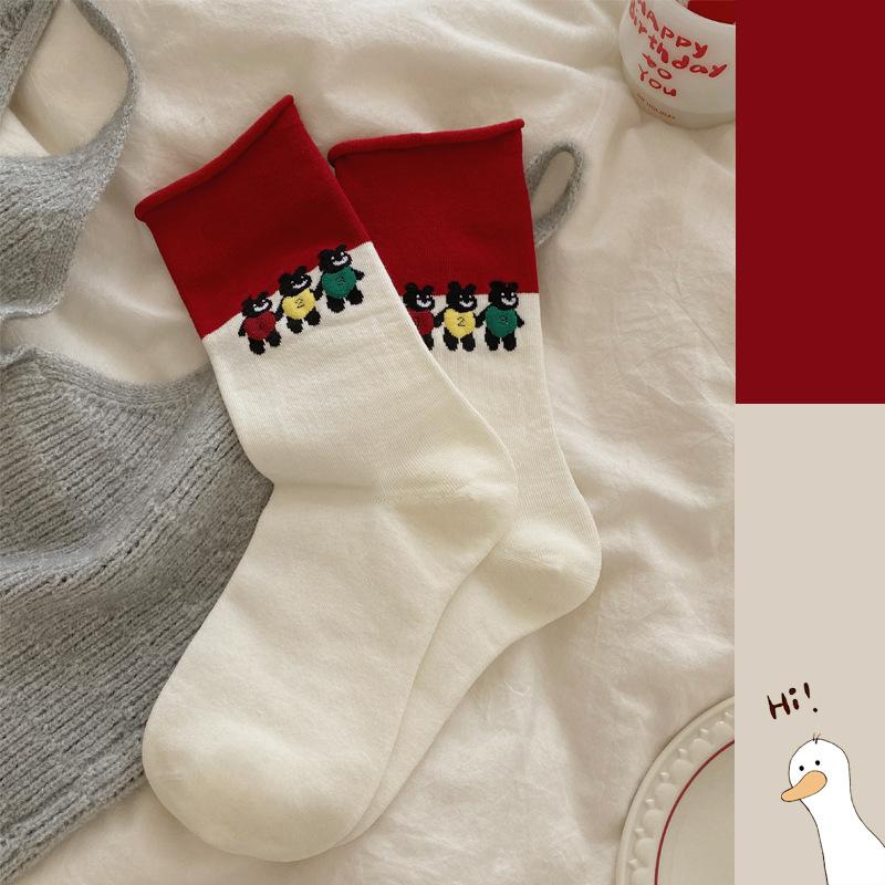 Свернутые носки для женщин, осенние красные и белые носки до середины икры, мультяшные носки-пиле с медведем, полосатые бесшовные носки
