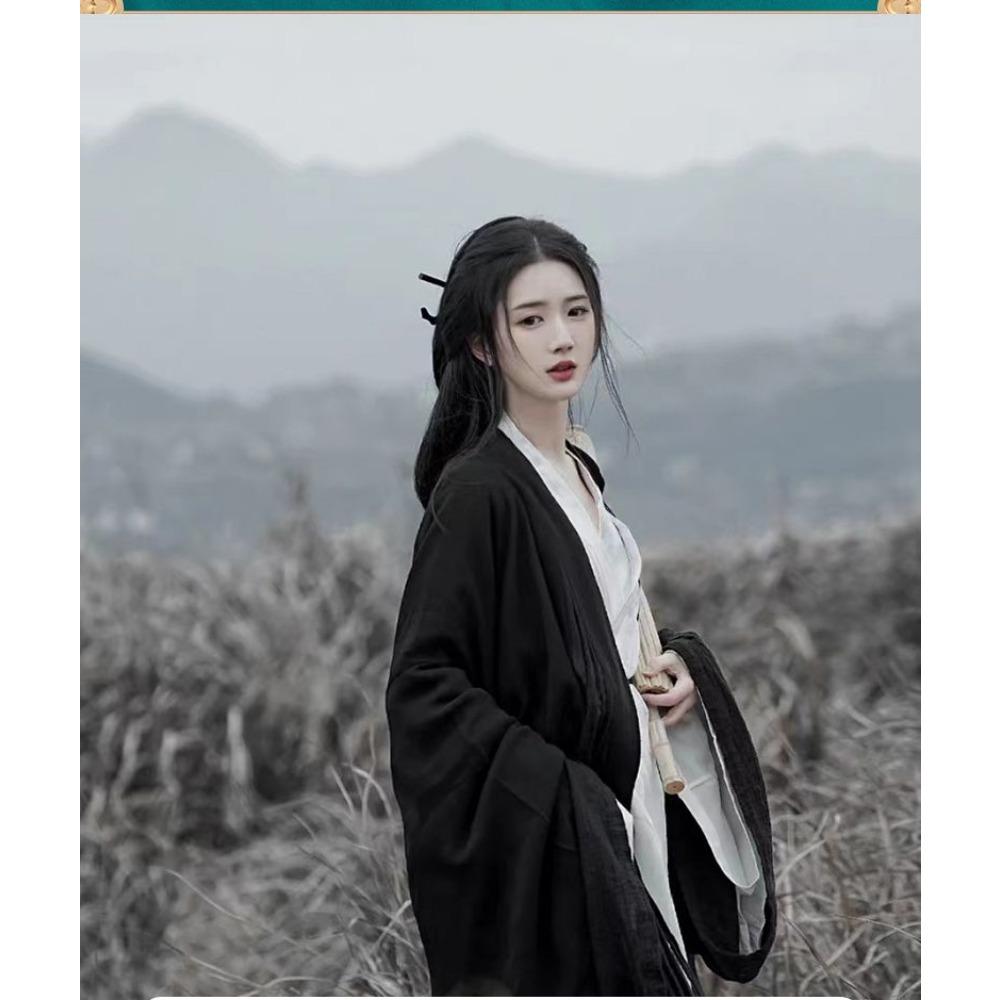 Китайская династия Вэй и Цзинь, стиль Ханфу, женская черная рубашка с большим рукавом и перекрестным воротником, полный комплект