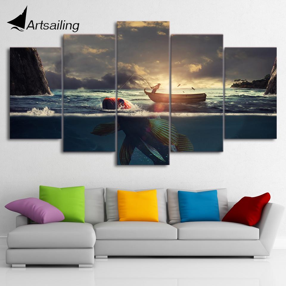 HD spausdintos 5 dalių drobės meno saulėlydžio žvejybos valties paveikslų rėmas didelės žuvies sienos nuotraukos svetainei