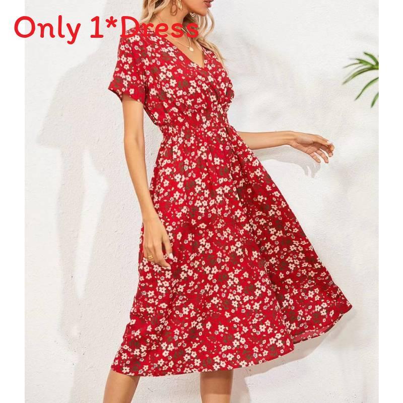 Polyester Floral Print A Line Dress With V Neck For Summer Casual Women
