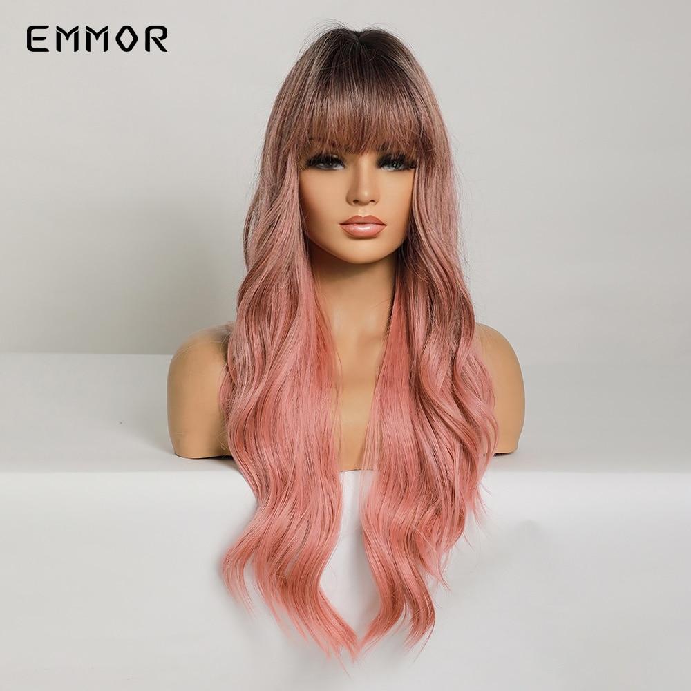 Длинные коричневые корни до розовых волос Тип волосПарики для женщин Волнистый синтетический мягкий парик с челкой Косплей Вечеринка Ежедневное использование