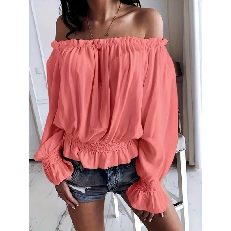 Women's New One Neck Chiffon Shirt Waisted Ruffled Hem Long-sleeved Short Section Summer Sweet Blouse