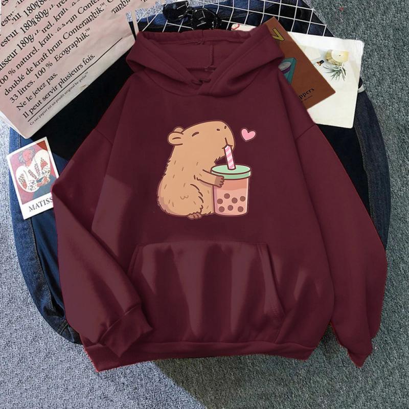 Ladies Spring Autumn Casual Hooded Long Sleeve Big Pocket Capybara Printed Pullover Hoodies Sweatshirt Top