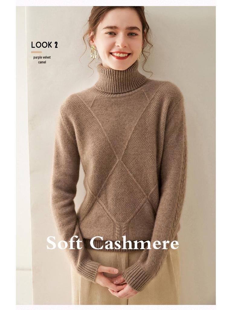Женский кашемировый свитер с высоким воротником ромбовидной вязки - Плотный, стильный базовый слой для осенне-зимних нарядов