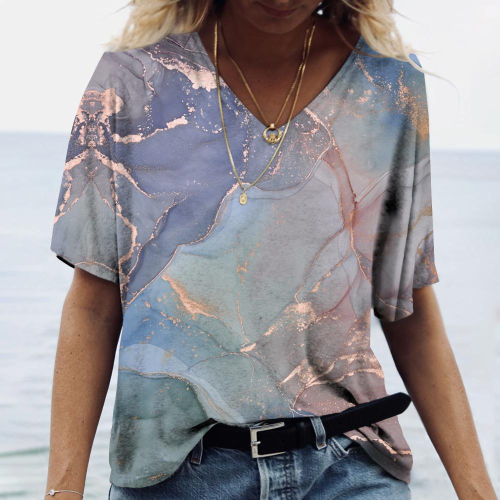 Летняя новая женская футболка с 3D-градиентным цветным принтом, модная, с коротким рукавом