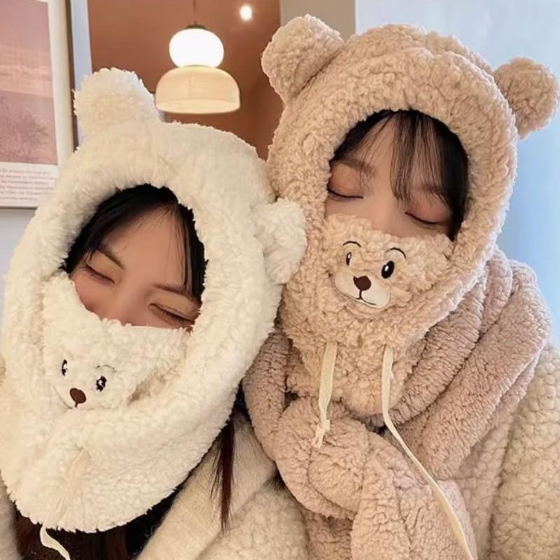 Bear Hat Mask Scarf Integrated Scarf Women's Winter Cold and Warm Cycling Windproof Cover Hat Mask Bear