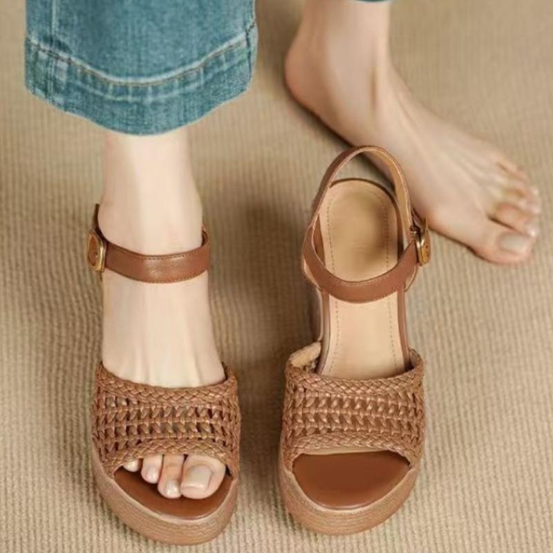 Fashion Elegant Women's Braided High Heels Sandals 2025 Summer Chunky Platform Sandals Woman Vacation Casual Beach Shoes