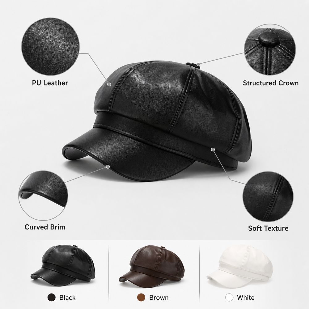 PU Leather Newsboy Cap Solid Color Peaked Cap Creative Gift Beret Hat  Cold Weather Use