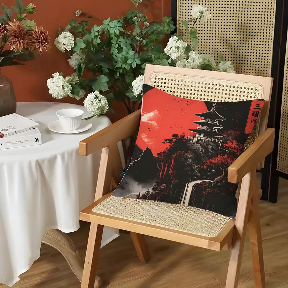 Japanese Red Moon Cushion Cover Silky Short Plush Invisible Zipper Dustproof Sofa Pillow Case for Home Decor