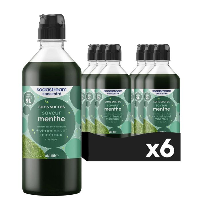 Concentrés SODASTREAM - Lot de 6 concentrés Menthe sans sucres - Jusqu'à 54L de boissons - 440 ml