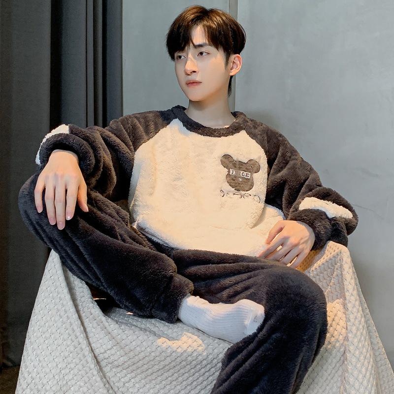 Мужской фланелевый пижамный комплект Smiley Face - утолщенный коралловый флис для осени/зимы