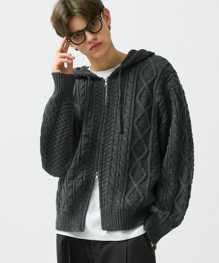 TRILLION Washable Aran Cable Hooded Zip-Up Knit (Charcoal)