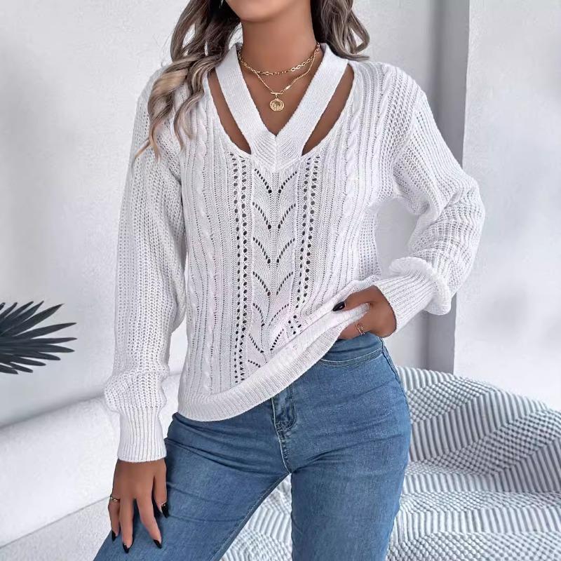 Autumn Winter Casual Hollow Out V-neck Twist Pullover Sweater Long Sleeve Casual Fashion Elegant Casual Tops Ladies Office Streetwear Simple Clothing