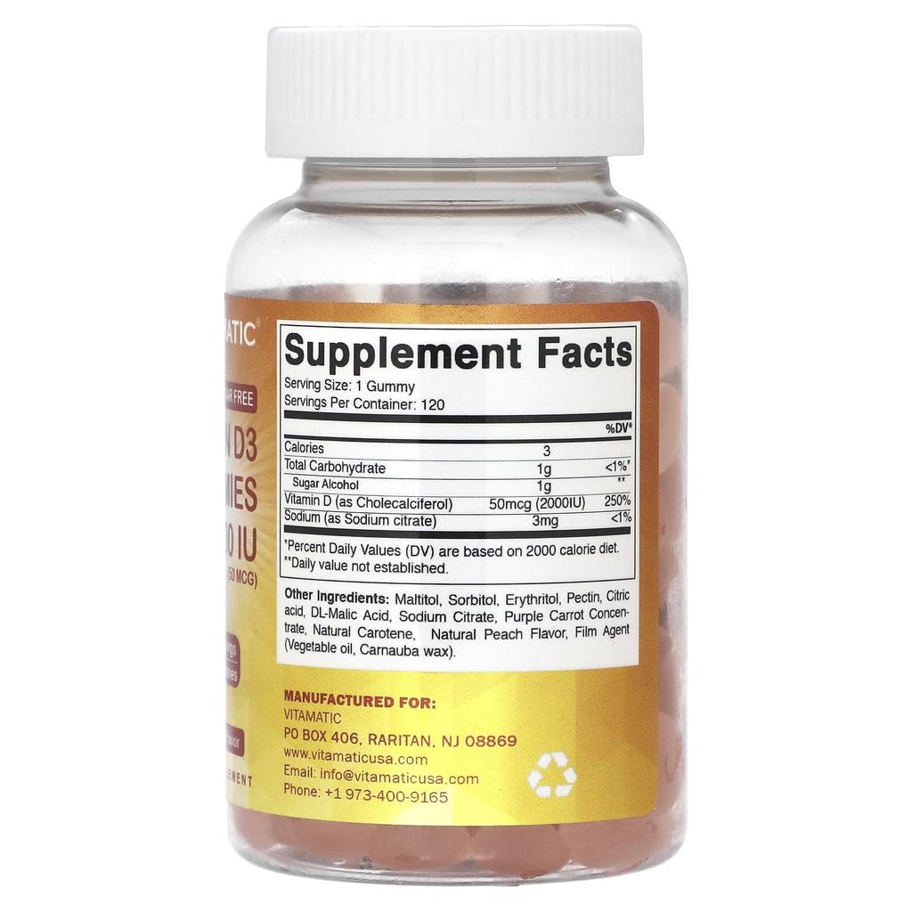 Vitamin D3 Gummies, Natural Peach Flavor, 2,000 Iu (50 Mcg), 120 Gummies