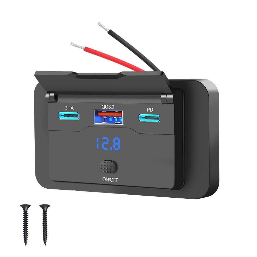 2//3/4 Ports Dual PD Dual QC3.0 Type C USB Quick Charger 3.0 Fast Charging Charge Socket Waterproof 12V Car Charger with Switch