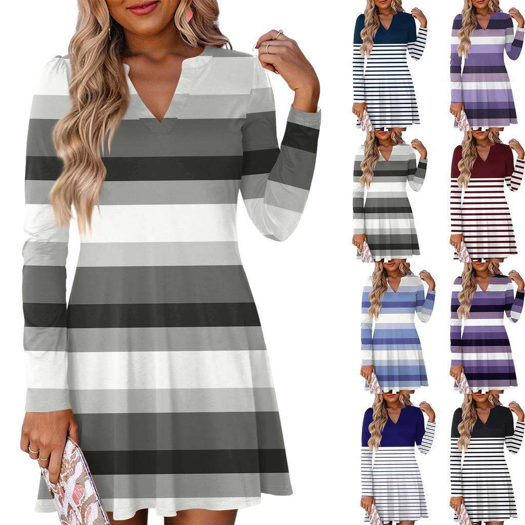 Женское модное полосатое платье с V-образным вырезом и длинными рукавами