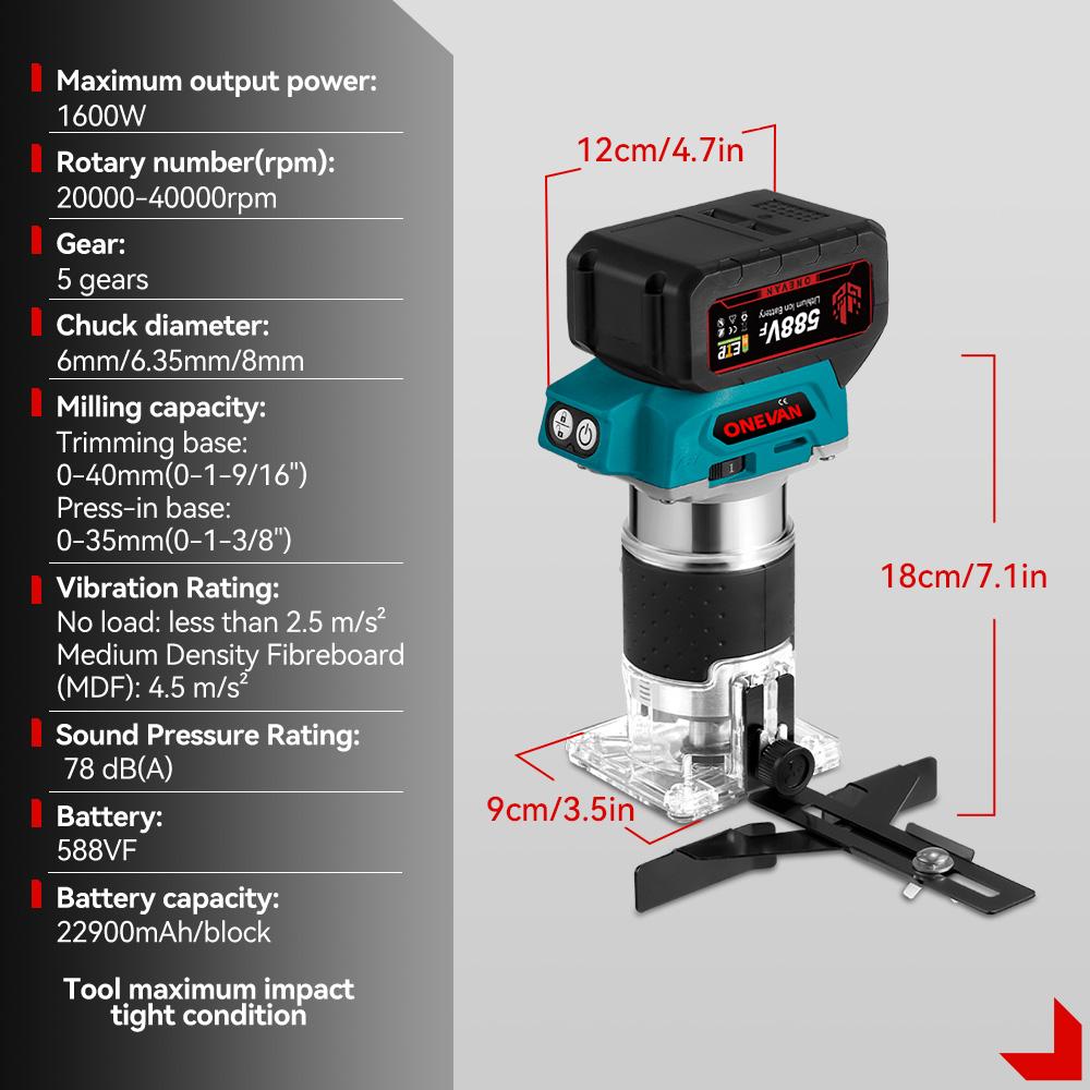 ONEVAN 5-скоростной бесщеточный электрический ручной триммер 1600 Вт беспроводной фрезер по дереву деревообработка гравировка прорезка пазов для Makita 18 В аккумулятор