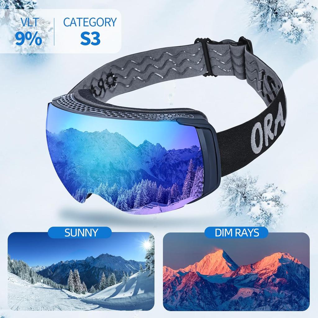 Ski Goggles Men Women OTG Anti-Fog/Scratch 100% UV-Magnetic Lens-Snowboard Snow Goggles for Men & Women