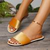 Fashion Casual Round Toe Flat Heel Metal Color Sandals Open Toe Slippers for Women Daily Wear Comfortable Slip On Oes Rubber Sole