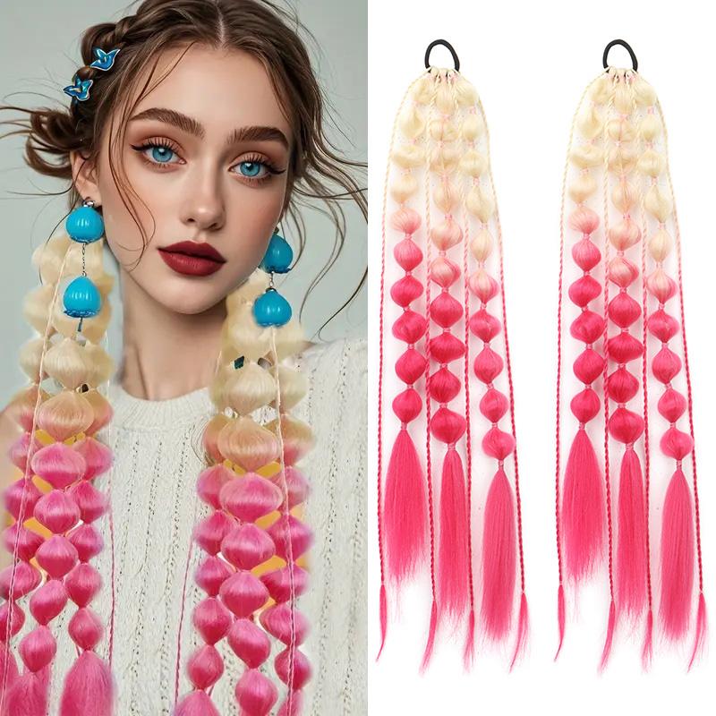 24Inch 2Pcs Synthetic Gradient Bubble Ponytail With Elastic Band for Women Perfect for Birthday Holiday Parties Accessories